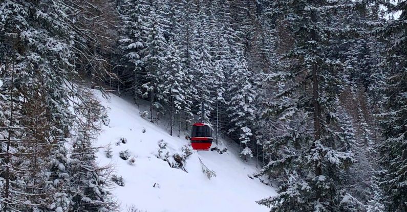 Ski Trip - Cable car in mountain forest covered with snow