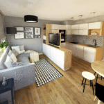 white island in grey kitchen
