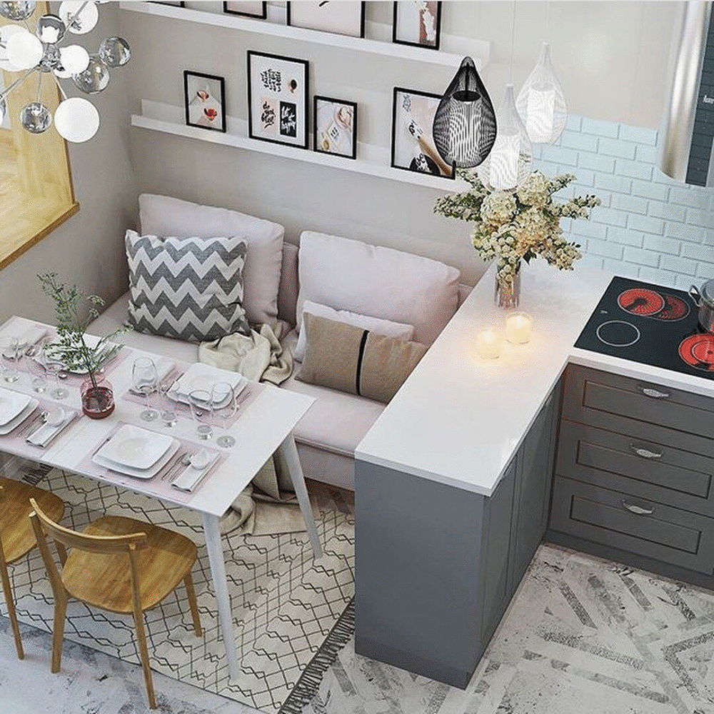 white island in grey kitchen